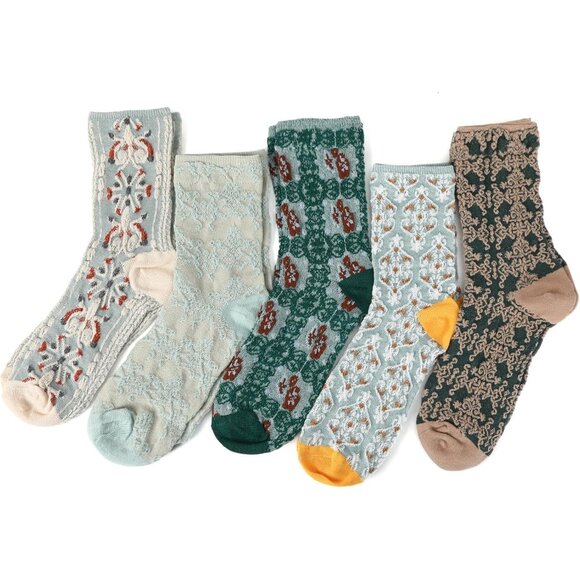Floral Cotton Crew Socks 5 Pairs Ruffle Frilly Ankle Dress Socks for Women - Picture 1 of 7